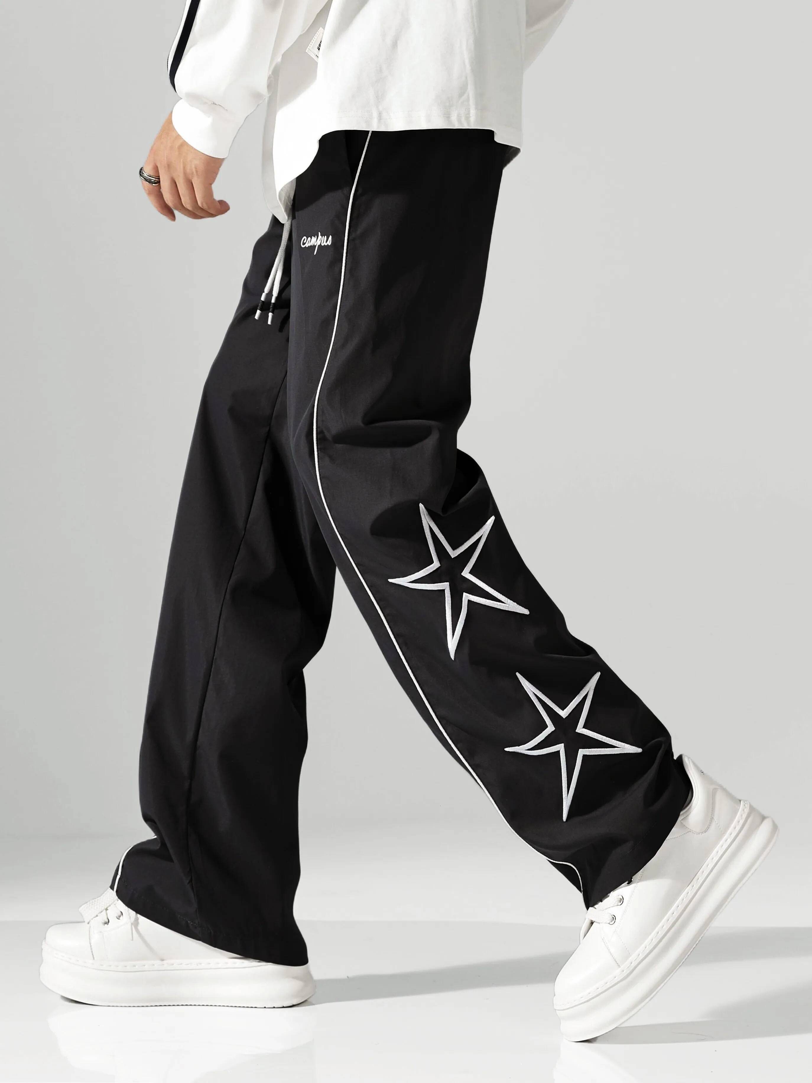 Larbulse Men Contrast Trim Star Trouser Fashion Casual Solid Color Breathable Loose Straight Drawstring Pants Streetwear