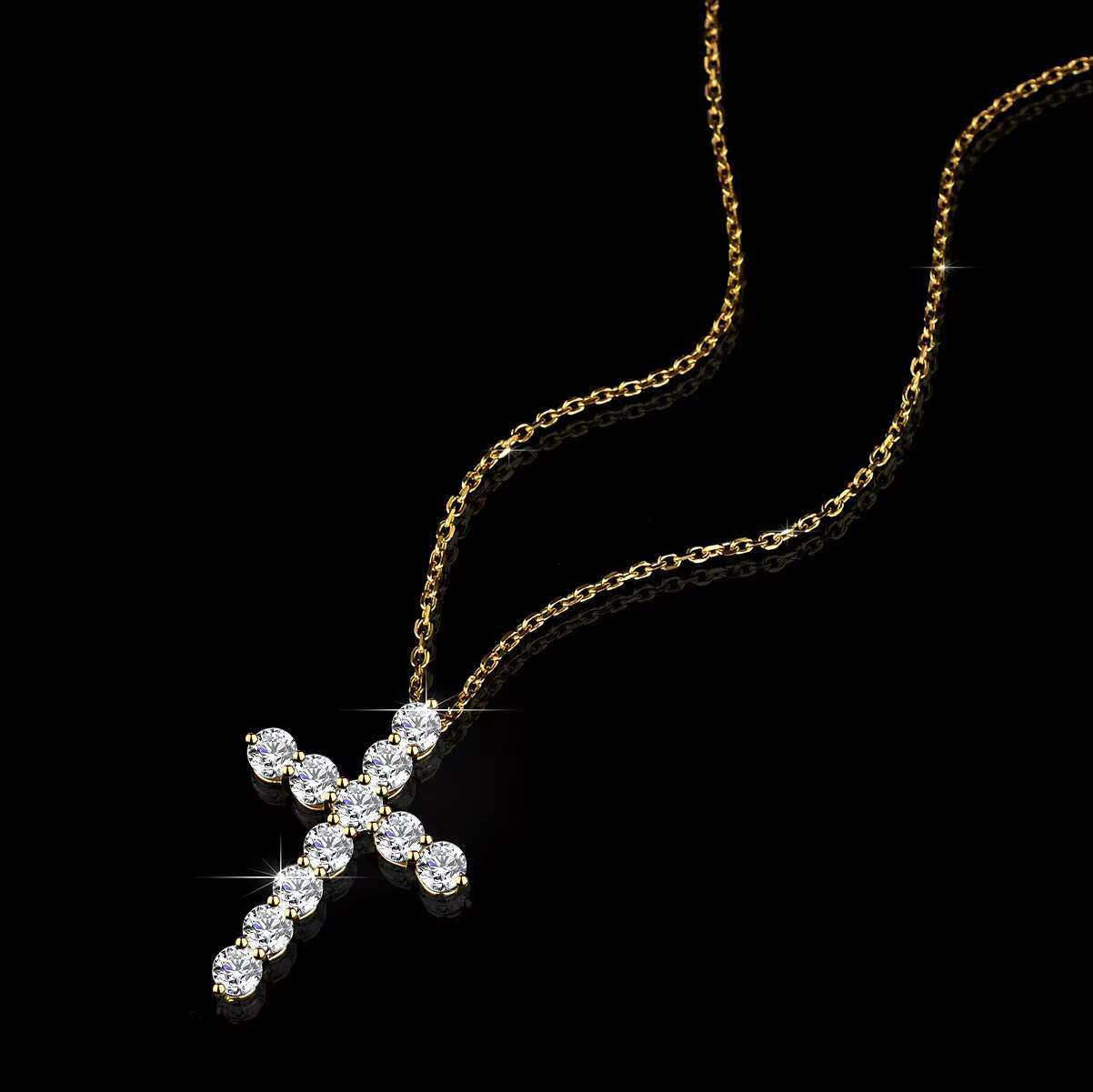 Luxury Diamond Moissanite Total 3.3Ct VVS D Color Cross Necklace 18K Gold Plated S925 Silver Chain Pendant For Women Jewelry