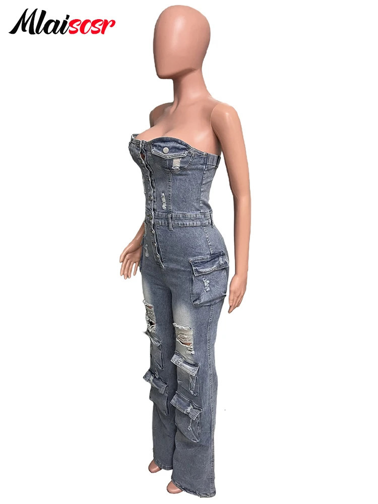 Mlaiscsr Multi Pockets Ripped Stretch Denim Cargo Pants Blue Wide Legs Jumpsuits Women Sleeveless Off Shoulder Rompers Overalls 250612