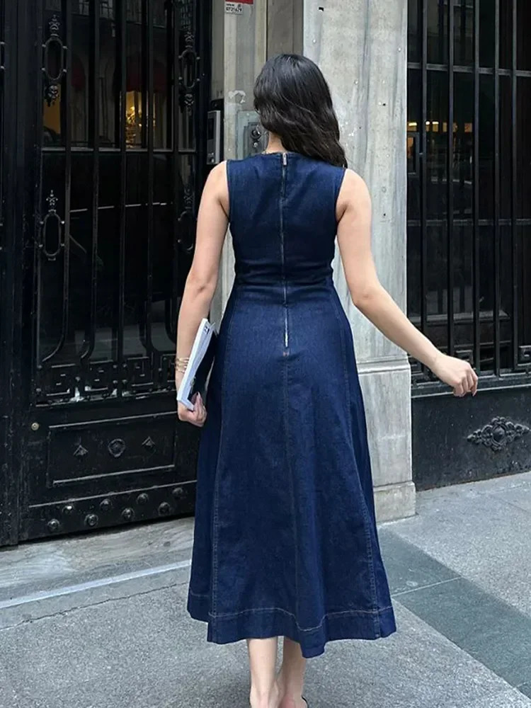 Casual Blue Denim Long Dress Lady 2025 Sleeveless A-line Vestido High Waist Loose Round Neck Streetwear Daily Women Fashion 250609