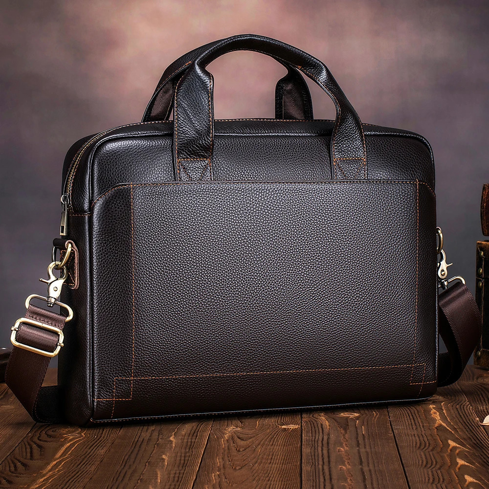 Mens leather handbag top layer cowhide briefcase leather laptop bag diagonal cross office bag 250614