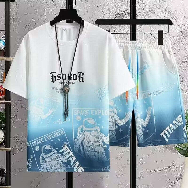 2025 Summer New Men's Gradient Trend Casual Youth Sports Fashion Versatile T-Shirt and Shorts Two-Piece Set