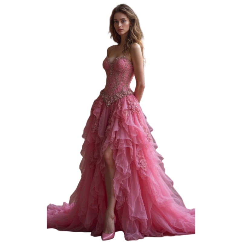 Side Slit Strapless Pink Prom Dresses Ruffles Tiered Tulle A-Line Evening Gown Lace Appliques Sweetheart Long Pageant Party Dress