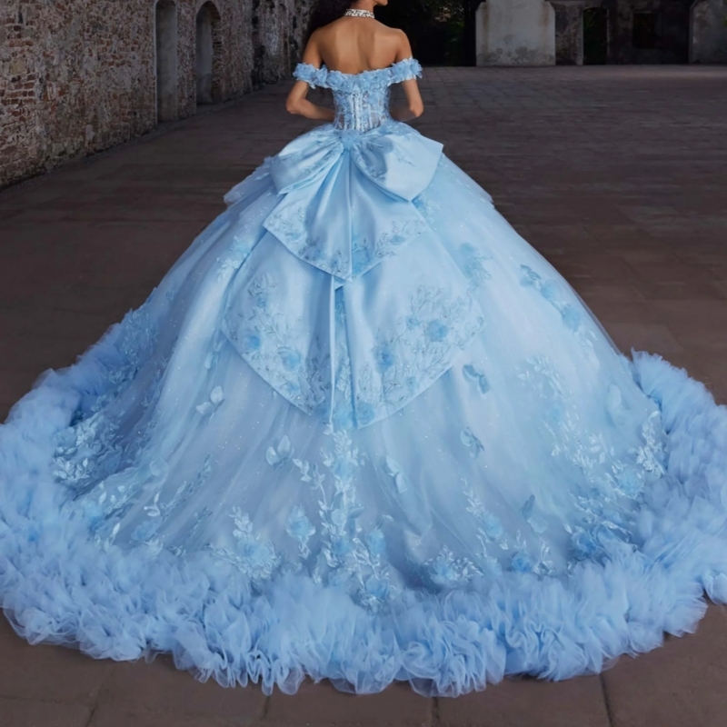 Sky Blue Quinceanera Dresses Ball Gown Off The Shoulder Applique Flower Bow Beads Tull Tiered Sweet 16 Dress Vestidos 15 De Anos