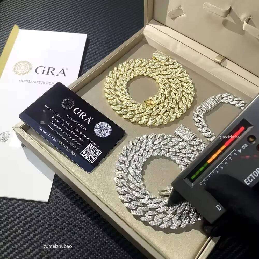 fashion Cuban chain bracelet designer necklace sterg sier GRA Certificate hip hop 15mm double row iced out moissanite chains dia cuban link with box