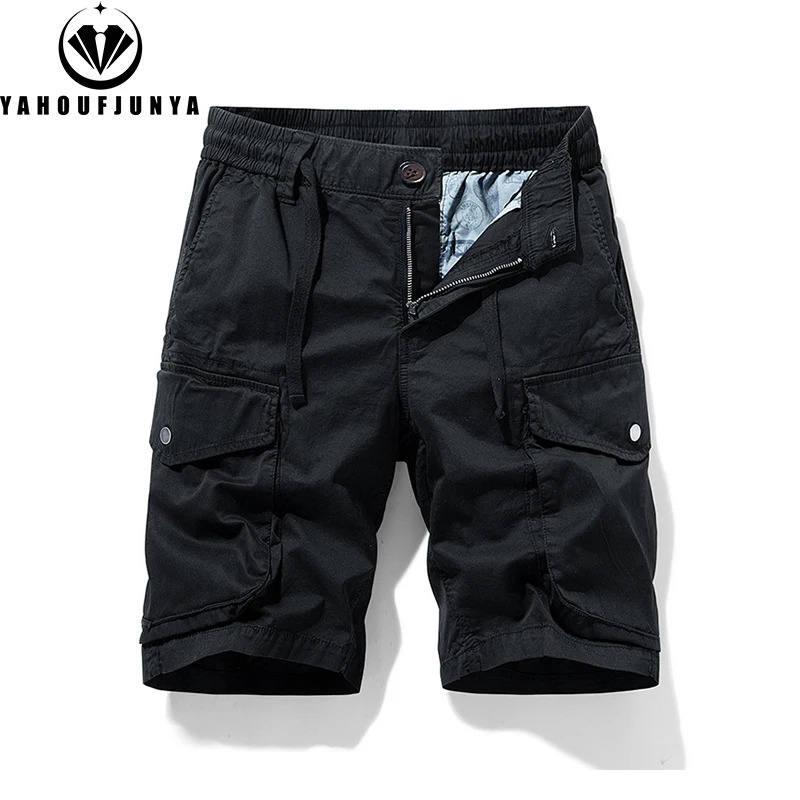 Men Summer Solid Cotton Outdoor Cargo Leisure Shorts Drawstring Buttons Straight Loose Fashion Short Male Pants 250614
