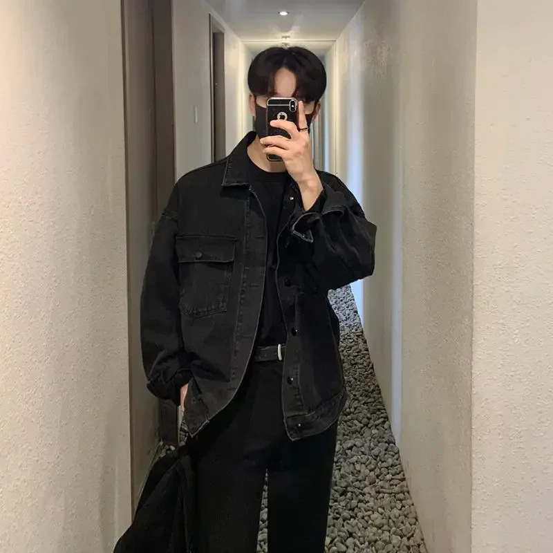 Mens Spring and Autumn Denim Jacket Korean Style Trendy Cool Loose Versatile TurnDown Collar Workwear Jacket 250614