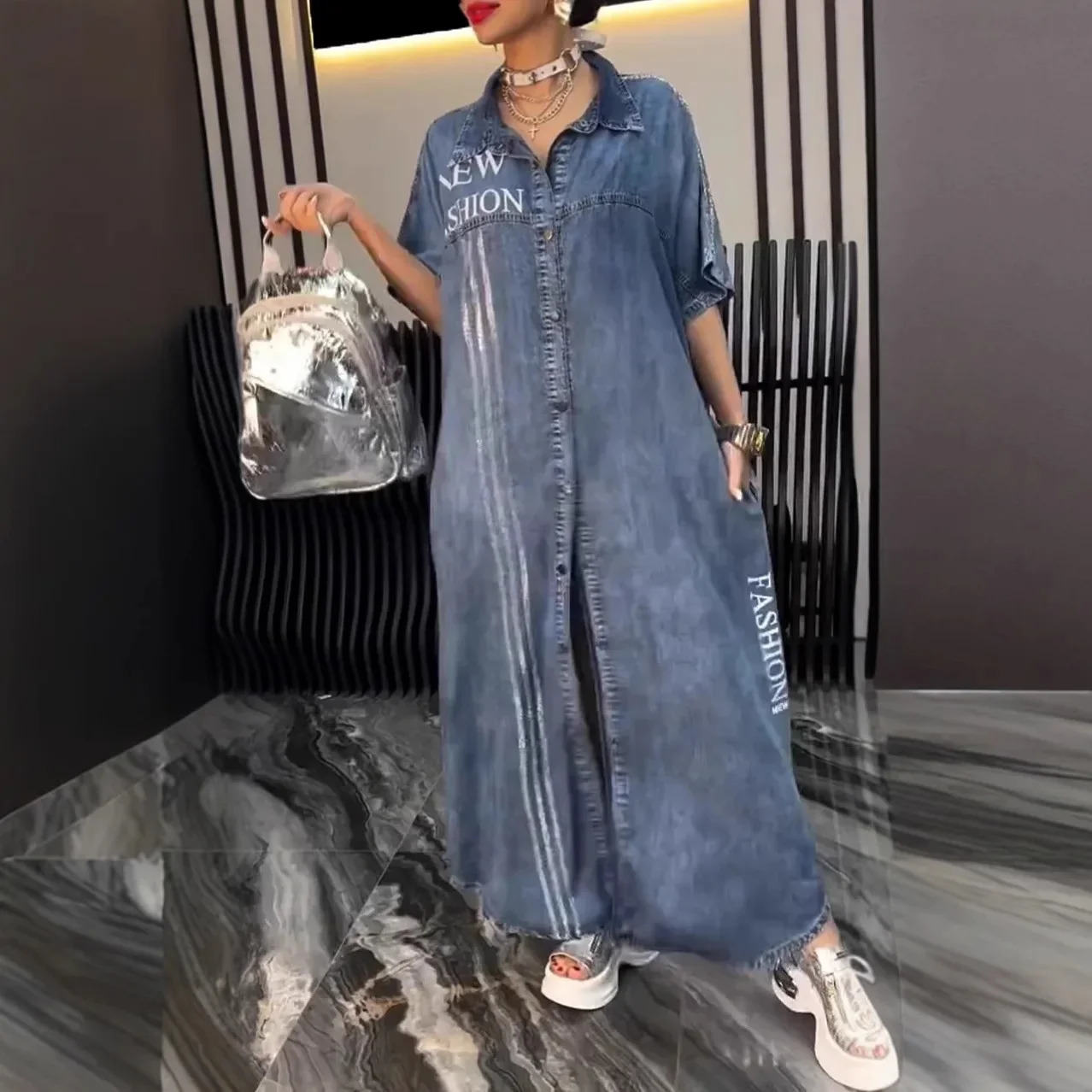 Women Lapel Tencel Denim Comfort Fashionable Dress Letter Print Denim Summer Retro Casual Loose Single-breasted Shirt 250609
