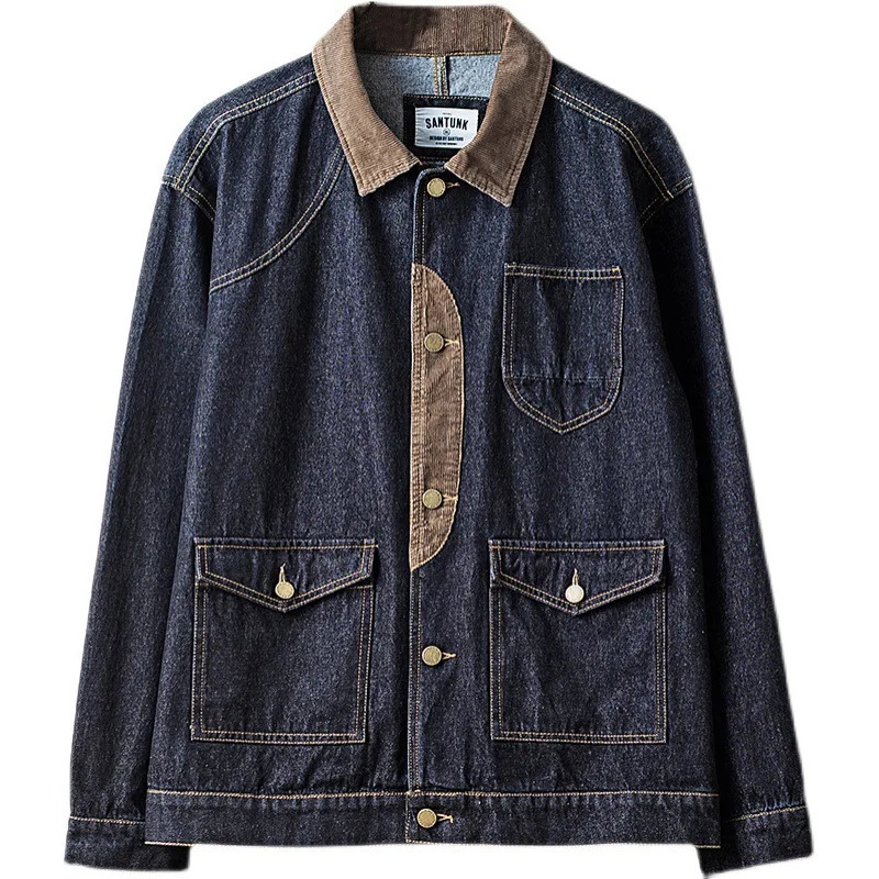 GIOIOMens denim jacketSpring and Autumn Loose Retro Workwear Denim JacketLapelColorBlock Mens Jacket 250614