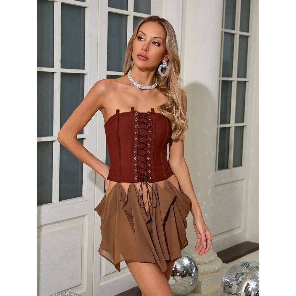 Sexy Strapless Lace-Up Design Corset Mini Dress Women Sleeveless Backless Patchwork Hollow Out Dresses Evening Party tail