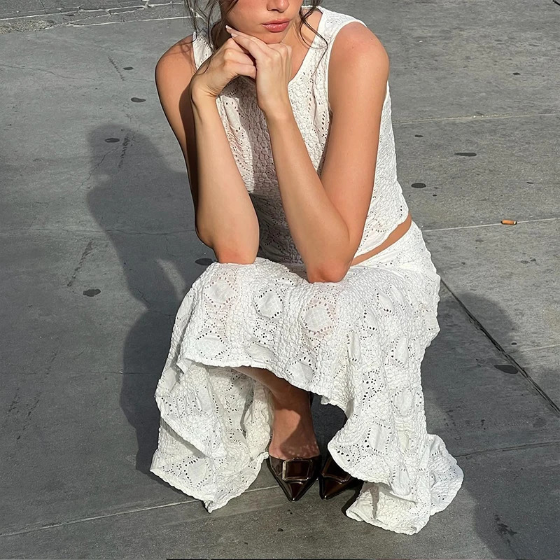 WhereMery Temperament Y2K Casual Streetwear Suits Summer Slim Sleeveless Lace Hollow Top and White Beach Skirt Women 2 Piece Set 250609