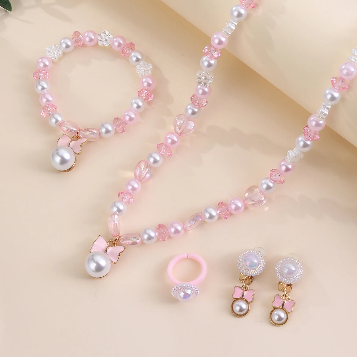 4Pcs Butterfly Ring Necklace Bracelet Earrings Little Girl Toddler Simulated Pearl Jewelry Set Little Princess Kids Play Gifts 250609