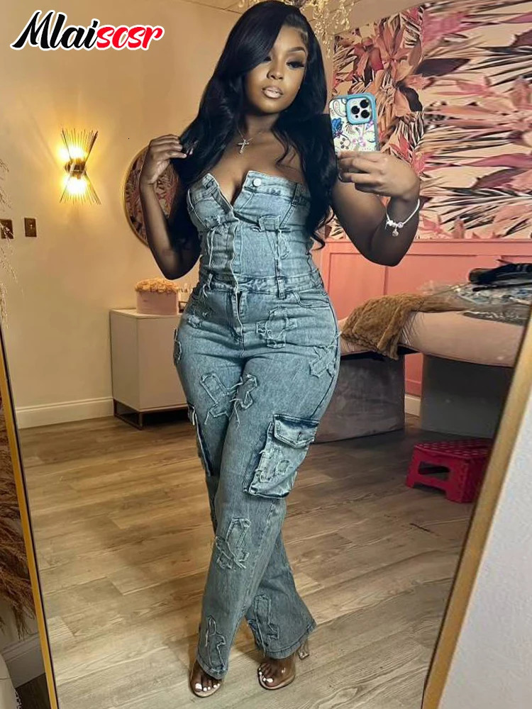 Mlaiscsr Cross y Pockets Stretch Denim Jumpsuits Women Sleeveless Off Shoulder Boyfriend Rompsers Blue Cargo Overalls 250612