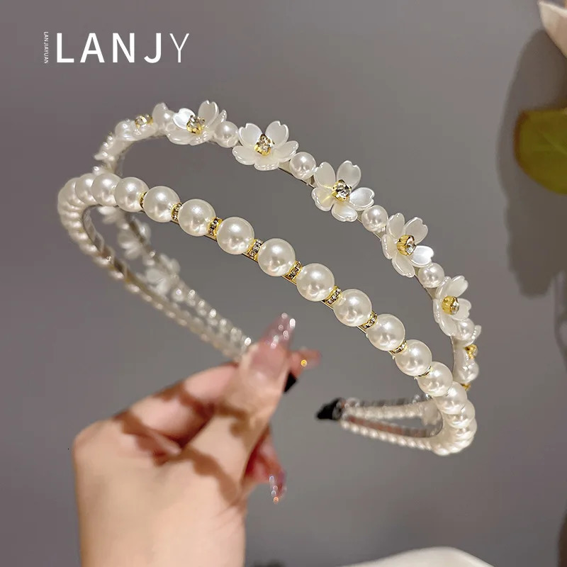 Korean network infrared departure hair accessories headband for women feminine hair bands pressed double-layer pearl flower band 250610