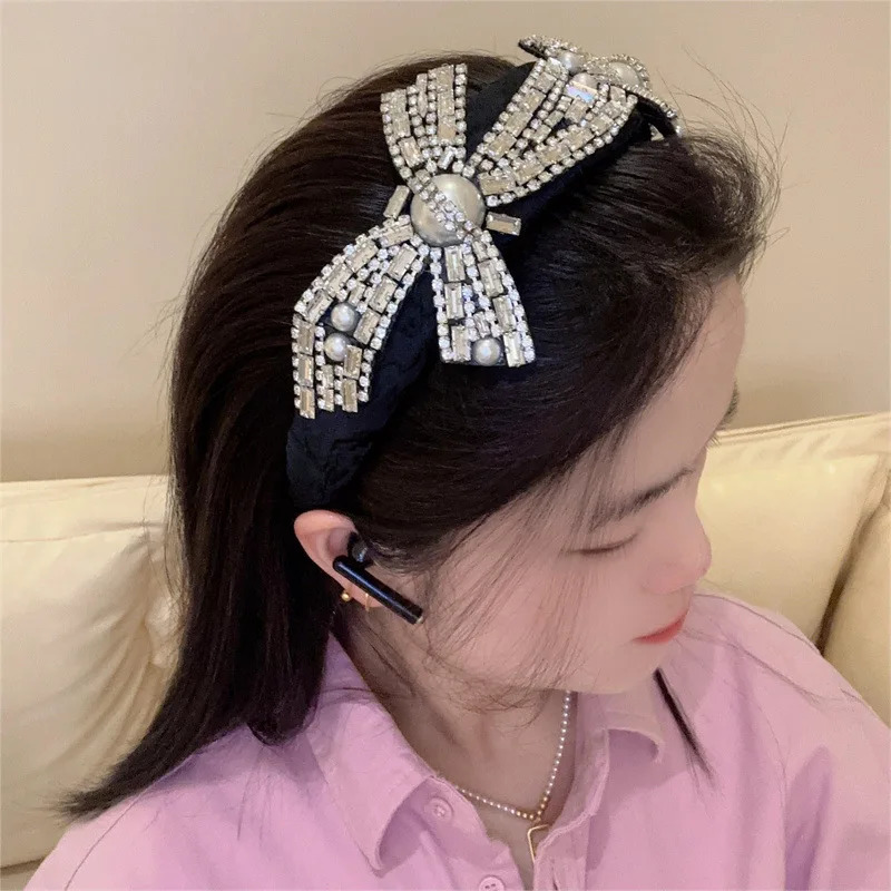 Korean Baroque Full Diamond Bow Hair Band Headband High-end Western Style Retro Heavy Pearl Gem Diamond Chain Hair Accessories 250610