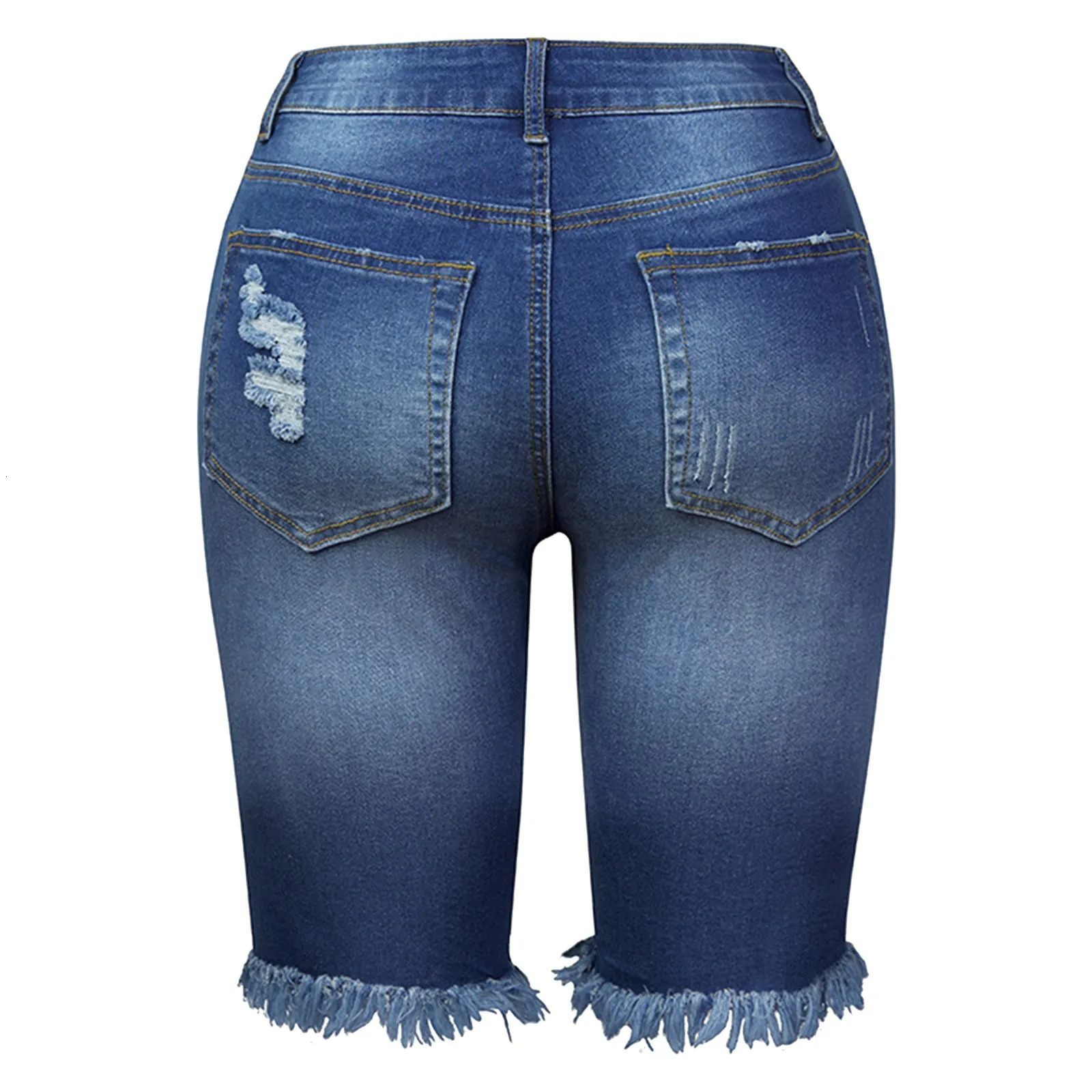 Plus Size Summer Denim Shorts Women Rhinestone Mid Waist Ripped Frayed Hem Tessles Stretchy Jean Shorts Womens Summer Shorts 250613