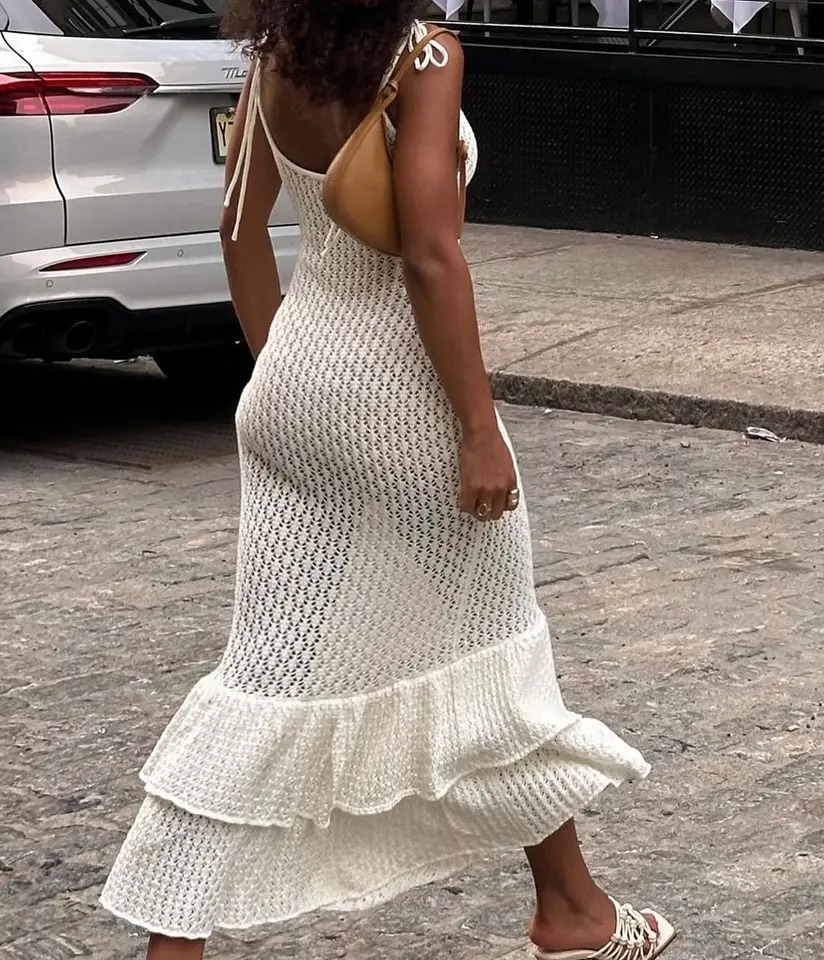 Elegant Backless Hollow Out Knit Long Dresses Summer Layered Ruffles Edge Bodycon Maxi Dress Vacation Beach Robes 250611