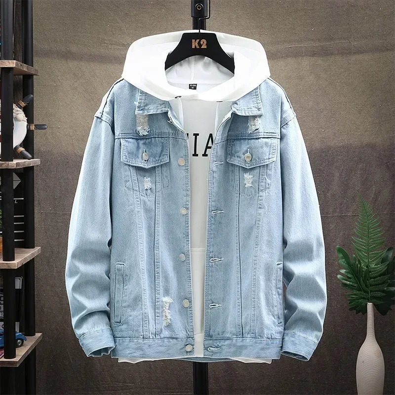 Mens Classic Casual and Fashionable Allmatch Ripped Denim Jacket for Spring Autumn in European American Styles 250614