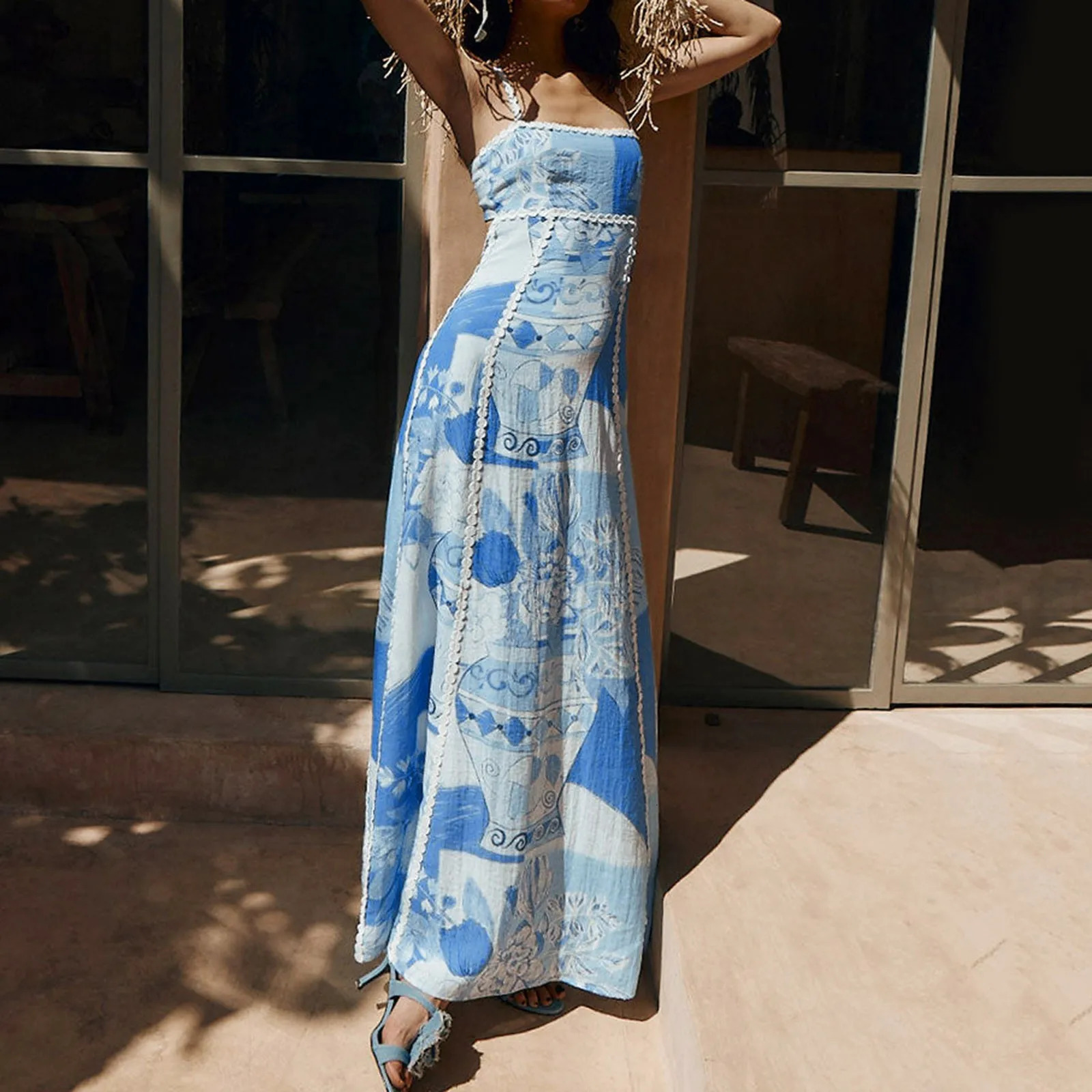 Women Boho Printed Long Shirts Dress Ladies Birthday Party Club Sundress Strap Backless Long Maxi Dresses For Women Summer Dress 250614