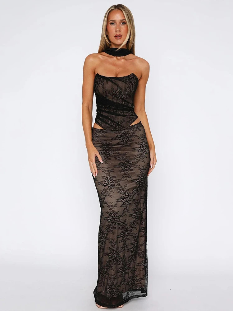 Nibber Party Elegant Jacquard 3 Piece Set Women Mesh Solid ScarfSexy Backless Strapless TopsLong Skirts Prom Fashion Suits 250609