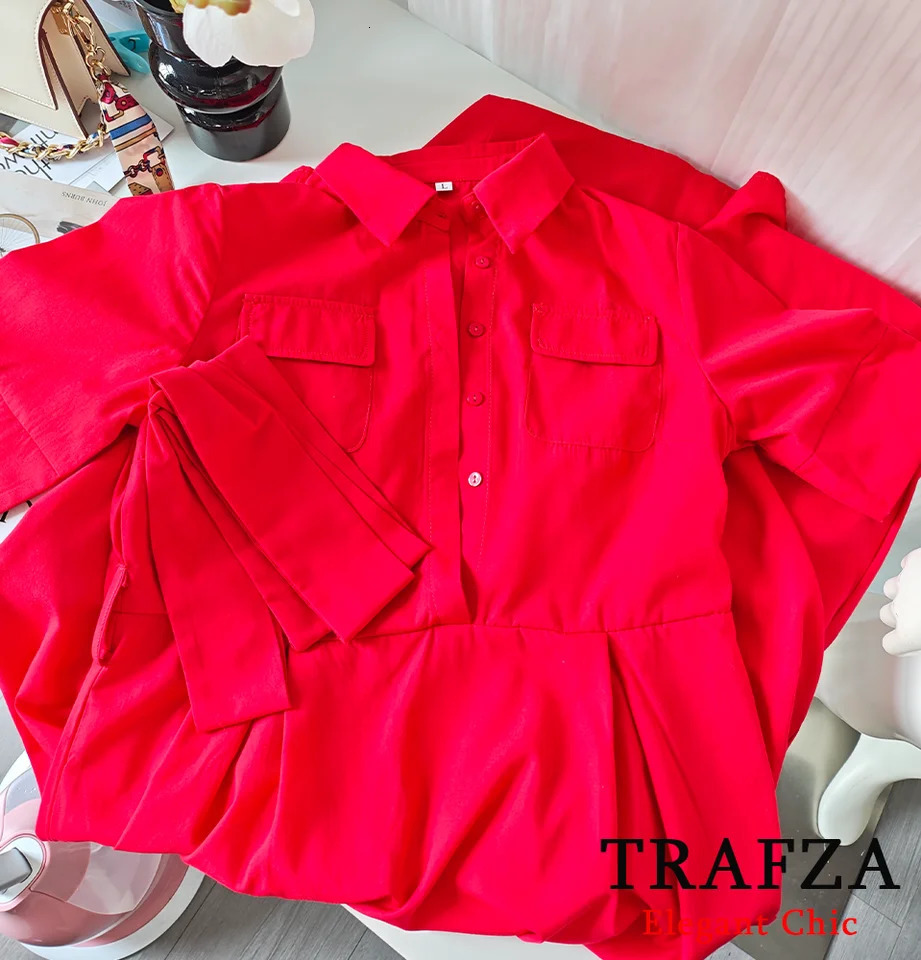 TRAFZA Women Romantic Red Belted Dress Lapel Pocket Long Spring Summer High Street Elegant Casual Holidays Dress 250611