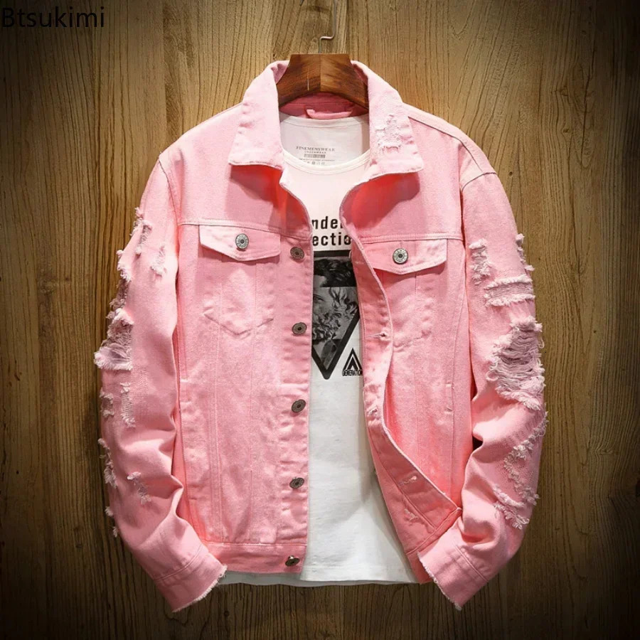 Mens Fashion Jeans Jacket Solid Spring Autumn Cotton Denim Men Red White Black Pink Ripped Hole Jean Coats Male 250614