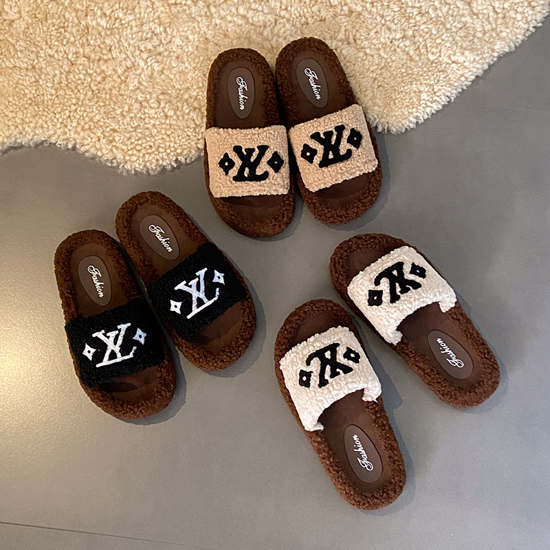 Comfortable Plush Slippers Women Fall Winter New Style Super Popular Versatile Retro Vintage Fashion Furry Slippers