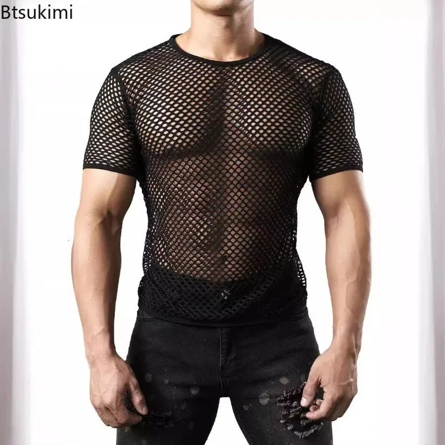 Mens Sexy Mesh T-shirts Transparent Hollow Out Fishnet Short Sleeve O-neck Tops Men Sport Fitness Tees Nightclub Vest 250614