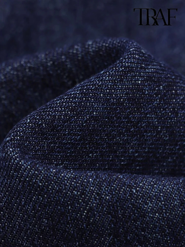 TRAF Womens Fashion Street Style Vintage Denim Mini Dress Simple Casual Solid Color Round Neck Waisted Back Zipper Dress 250609