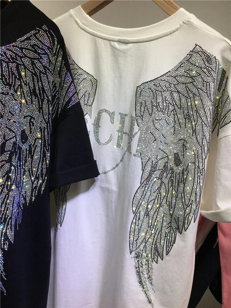 Big Size Rhinestone Wings T Shirt Plus Size Woman Clothes 150 KG Cool Streetwear Y2K Black White T-shirt Top Summer 250614