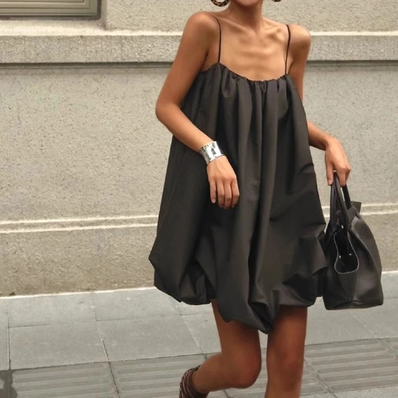 Summer French Elegant Black Loose Sling Womens Dress 250613