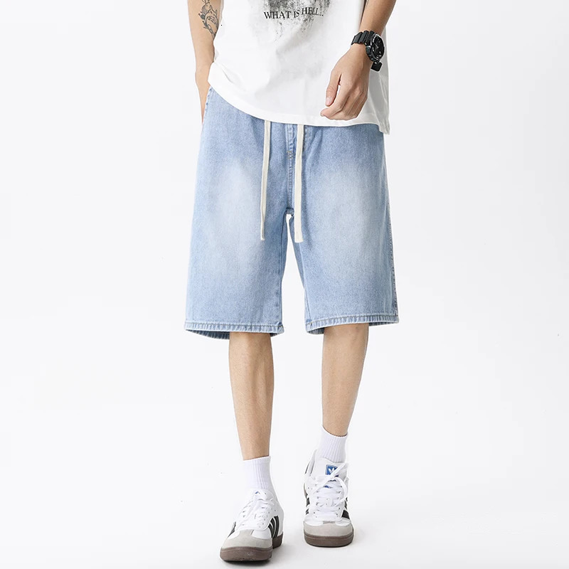 Casual Denim Shorts Men Elastic Waist Straight Comfortable Light Blue Soft Short Pants Baggy Wide Bermuda Male Jeans 250614
