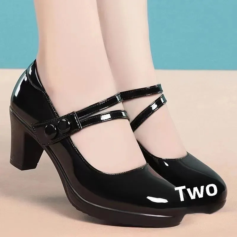 Fall 2025 Womens Low Cut Single Shoes High Heel Buckle Strap Thick Heel Qipao Show Mom Shoes round Toe Rubber Outsole PU Leathe 250614
