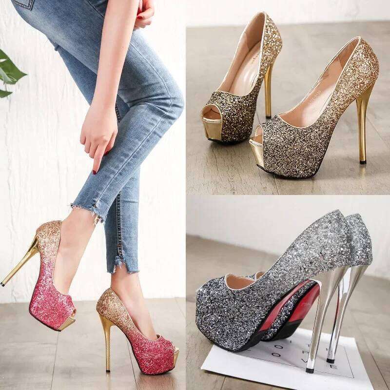 High Platform Woman's Peep Toe Pumps Gold Sier Wedding Bridal Heels Banquet Ladies 2023 Elegant Women Heeled Shoes