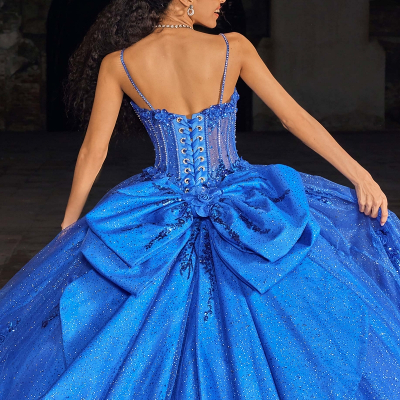 Royal Blue Shiny Quinceanera Dresses Ball Gown Spaghetti Strap Applique Flower Beading Crystal Bow Tull Sweet 16 Dress Vestidos 15 De Anos