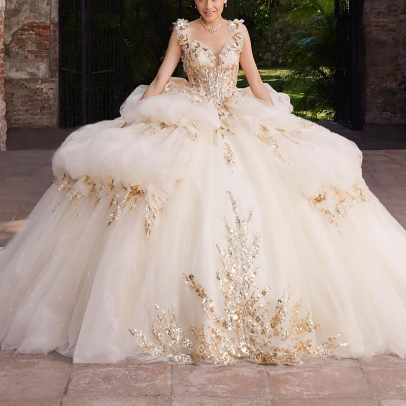 Champagne Shiny Quinceanera Dresses Ball Gown Off The Shoulder Sequin Applique Lace Beading Crystal Bow Tull Sweet 16 Dress Vestidos 15 De Anos