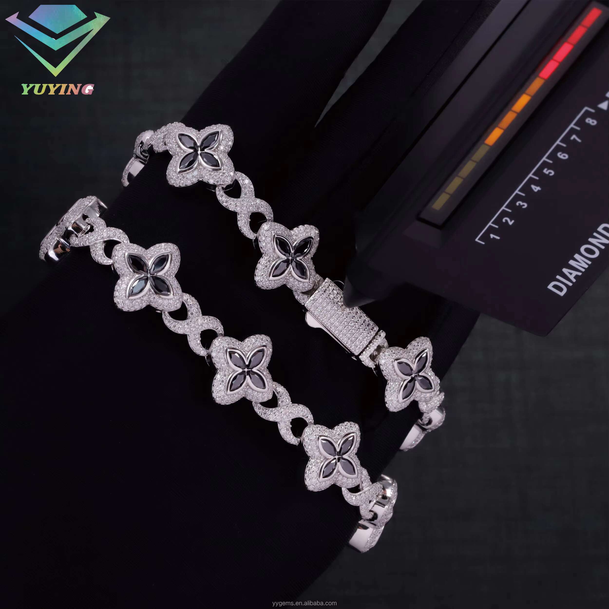 Clover Bracelet Infinity Link S925 Hip Hop Jewelry Colorful Moissanite Diamond Clover Fine Jewelry Cuban Chain