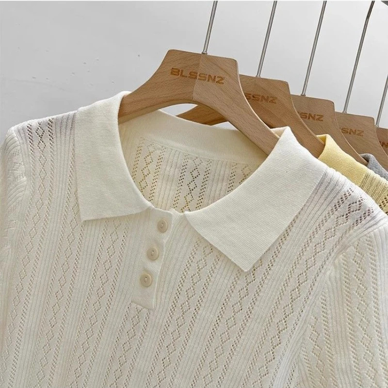 Matakawa Solid Knitted T-shirts Hollow Out Thin Spring Summer Sweet T Shirt for Women Korean Fashion Elegant Womens Clothing 250614