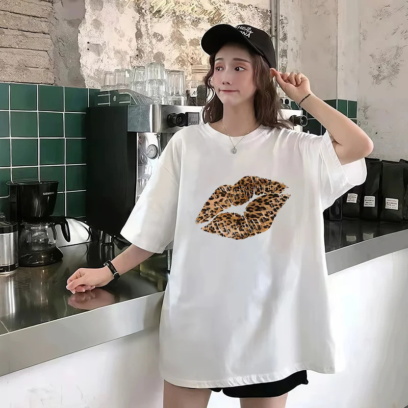 Funny Lips Print T-shirt Womens Summer 100% Cotton Short Sleeve Tee Hip Hop Streetwear Casual Y2k Top dames clothing 250613