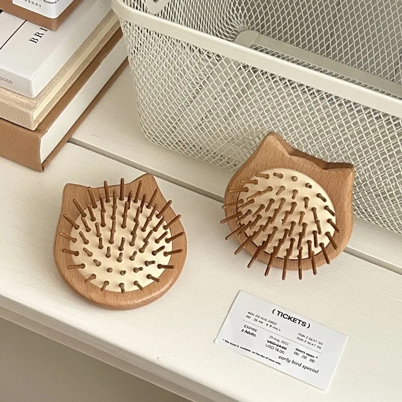 Portable Mini Cute Cat Inflatable Comb Small Elm Wood Compact round Hair Massage Comb Womens Stylish Professional Salon Brush 250612