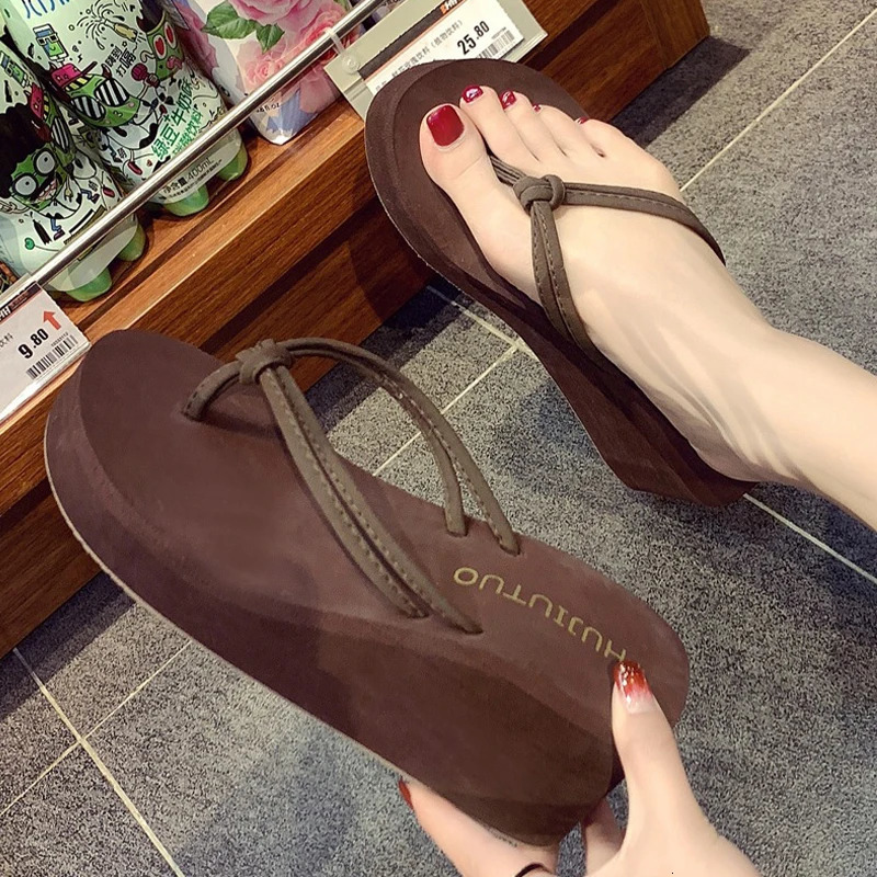 Flip-flops For Women Summer Fashion Casual Outer Wear High-heeled Flip-flops Ins Trendy Non-slip Slope Heel Seaside Beach Sandal 250614