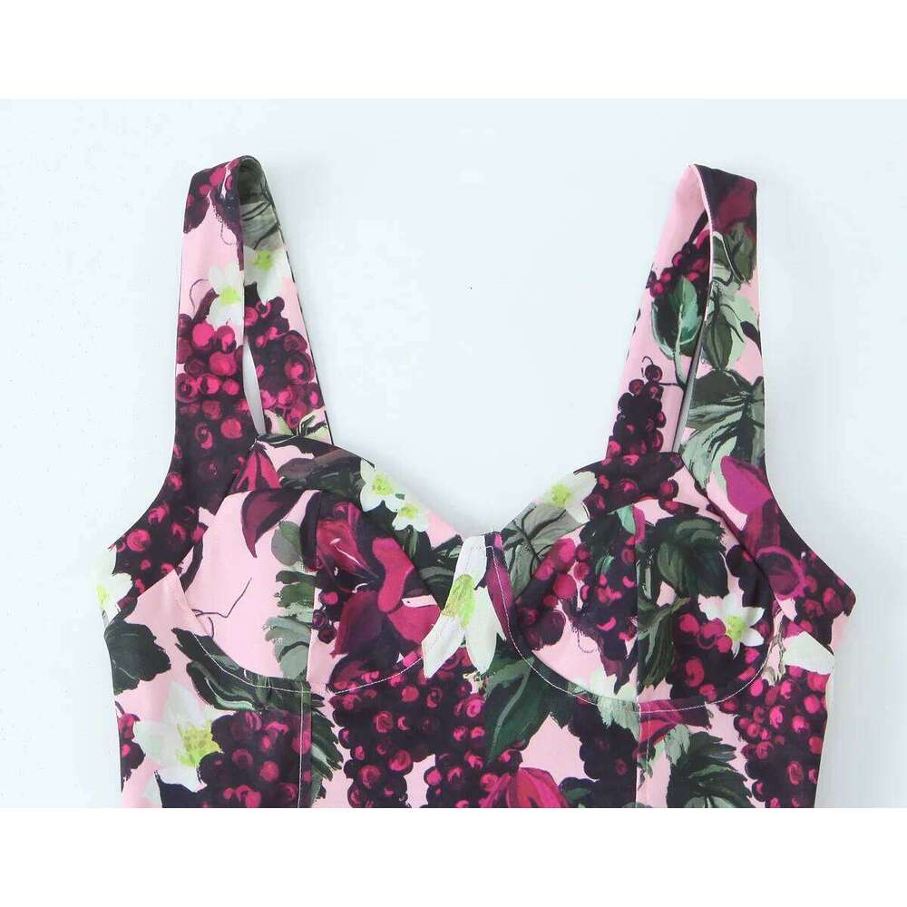 Womens Sleeveless Wide Strap Heart Shaped Neck Mid - Length Printed Dress With Wavy Hem Stylish And Graceful