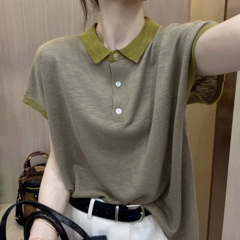 Polo Neck T Shirt for Women Summer Outfit Baggy Contrast Color Woman Tshirt Y2k Fashion Clothing Trend 2025 Pretty Basic 250609