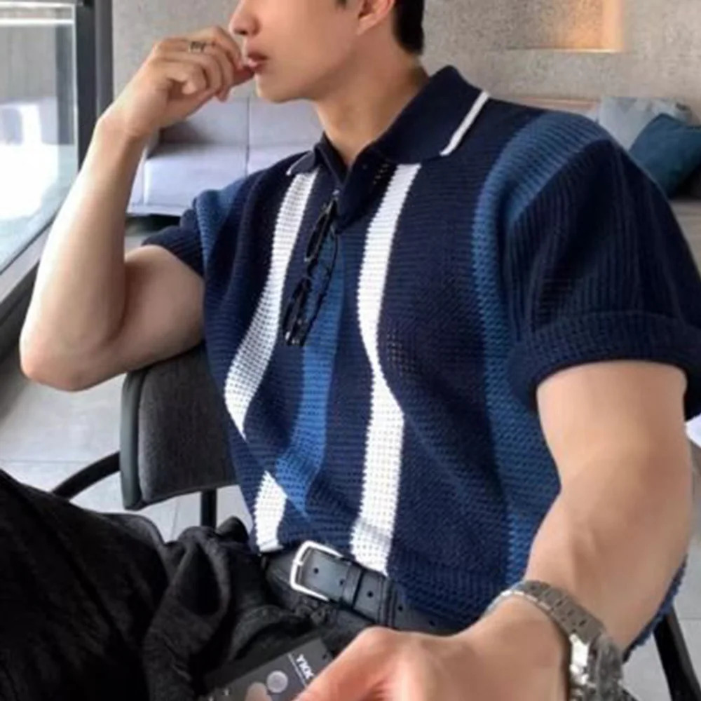Summer Mens Striped Hollow Color Matching Short-Sleeved Polo Shirt Retro Casual Fashion Trend Loose Breathable Mens Tops 250614