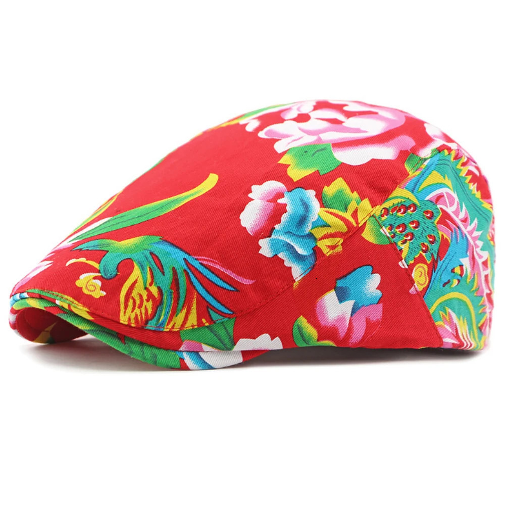 HT4390 Beret for Men Women Chinese Floral Printed Beret Cap Male Female Vintage Artist Painter Beret Hat Adjustable Flat Cap Men 250604