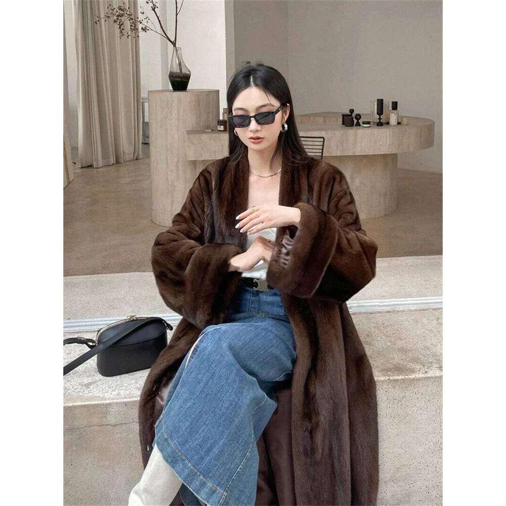 2024 Women Winter Jacket V-Neck Loose Fashionable Warm Ecological Mink Fur Lady Coat Casual Long Parkas Brown