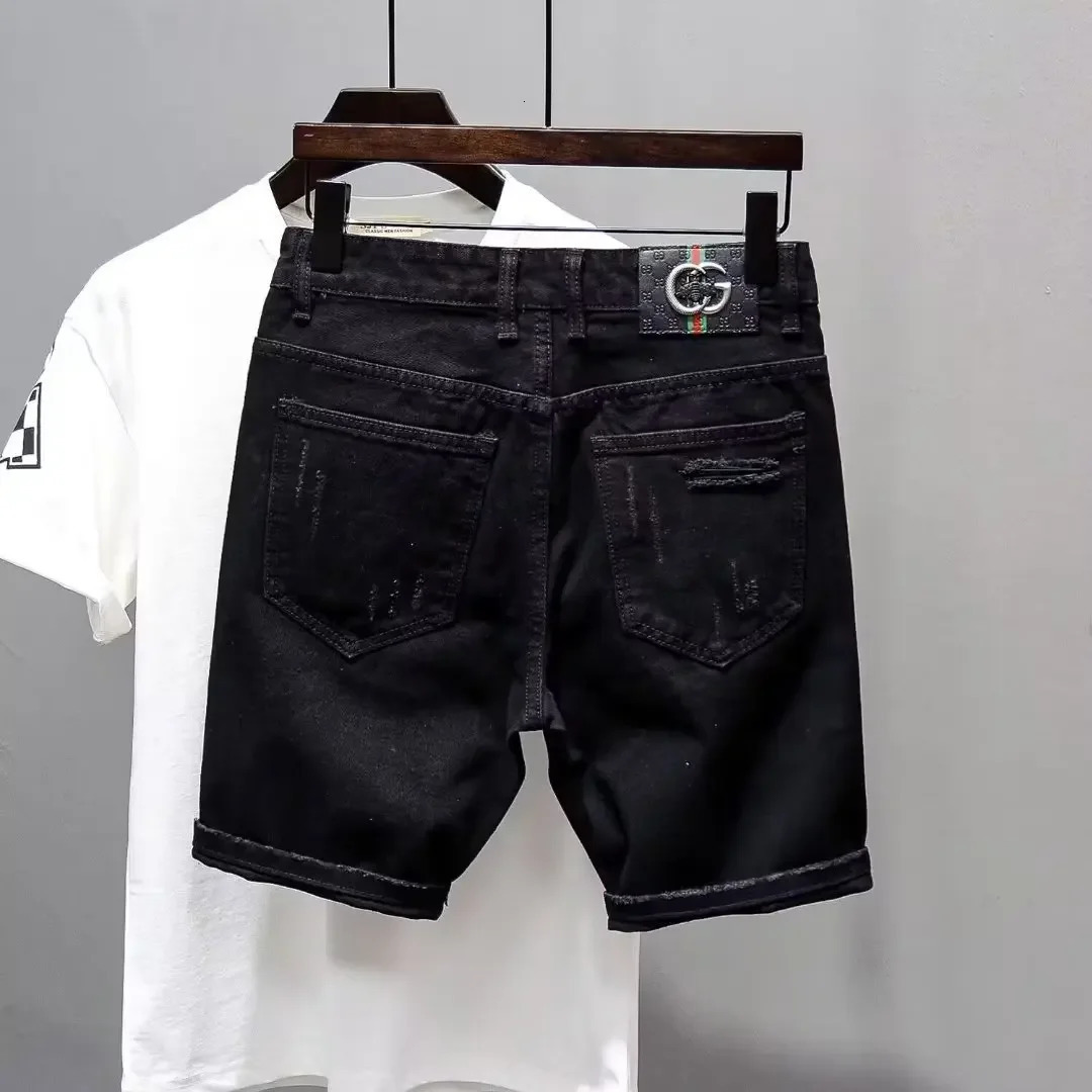 Trendy Mens Unique Hip Hop Black Denim Shorts Loose Fit Summer Style High Quality Cotton Pants With Distressed Details 250614