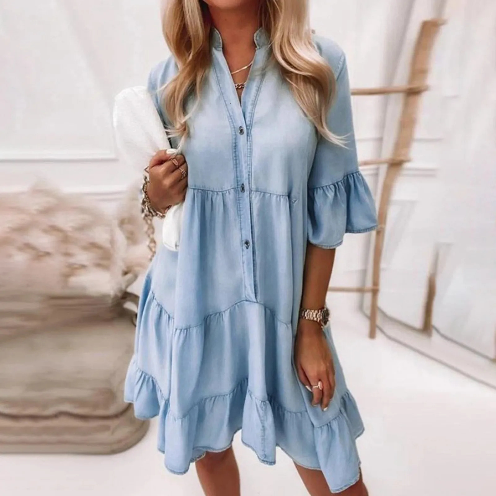 Cotton Denim Women Dresses Solid Color Mid Sleeves A-line Pattern Above Knee Stand Collar Ruffle Shirt Dress Daily Clothes 250609