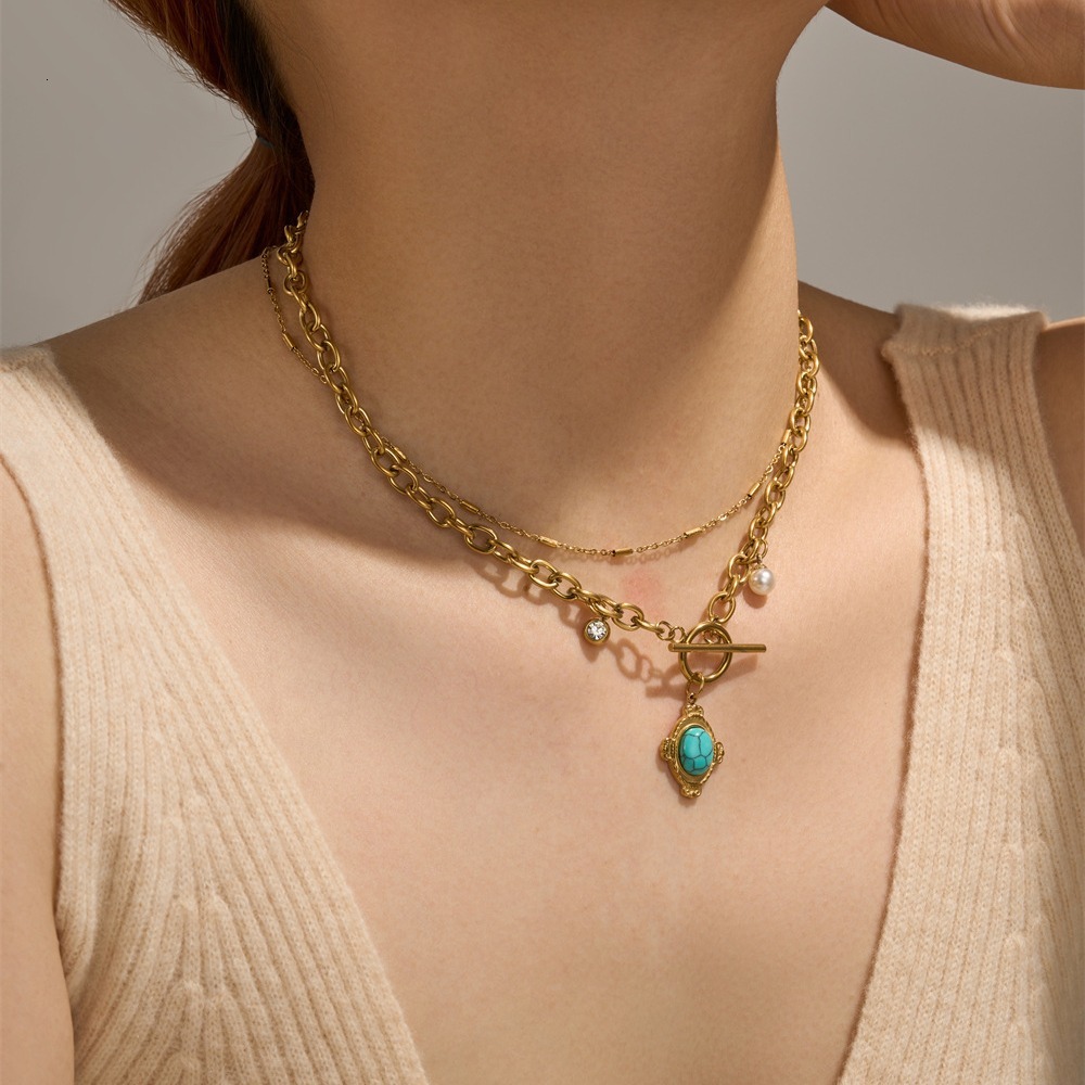Fashion Style Personality Exaggerated Buckle Inlaid Pearl Turquoise Necklace for Women Titanium Steel Non-Fading Jewelry