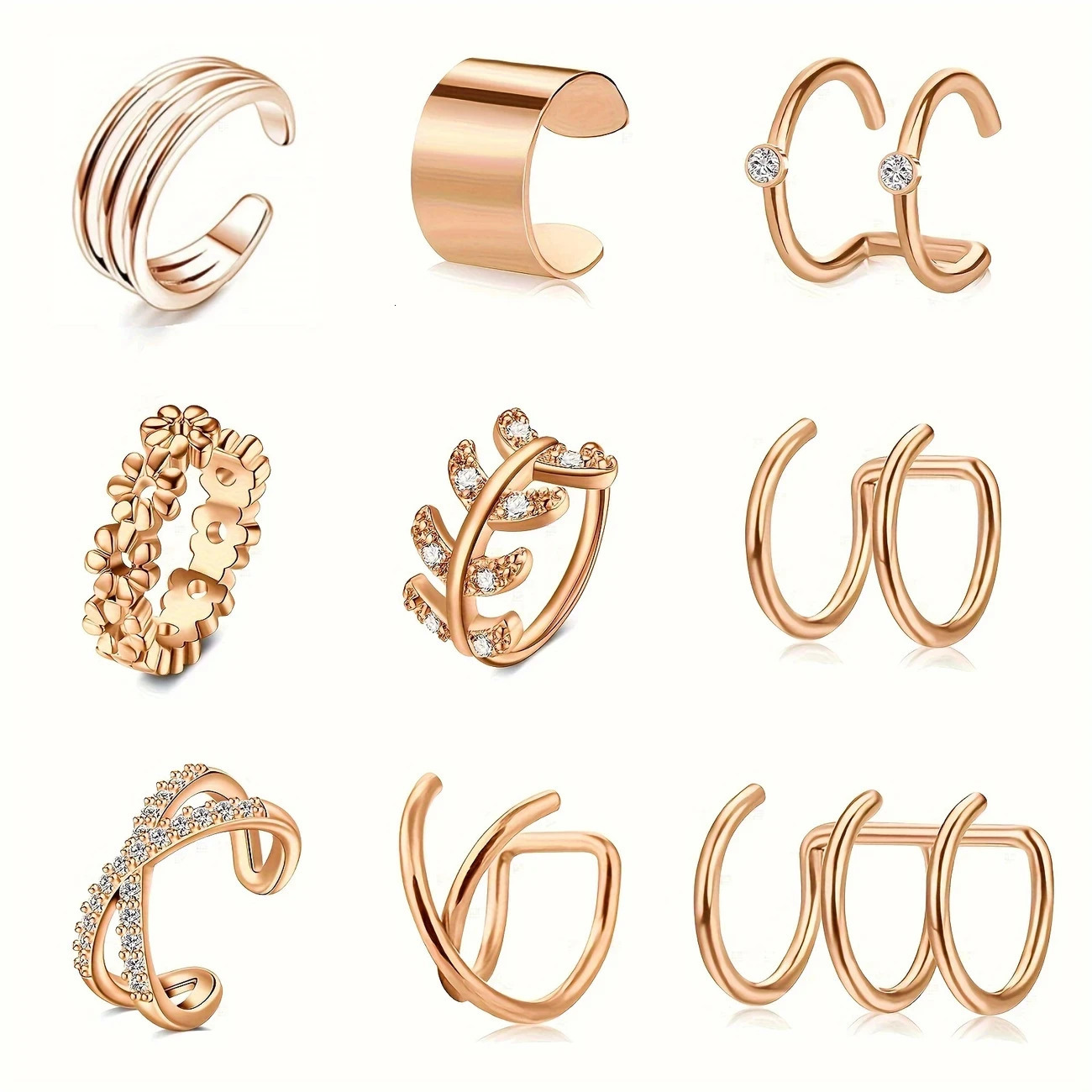 9pcs Stainless Steel Ear Cuff Set Rhinestone Non-Pierced Helix Earrings Simple Style Ear Clips for Men Women Daily Holiday Wear 250610